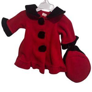 STARTING OUT Newborn Baby Girl Red Coat Black Trim Matching Hat 3 Months NEW